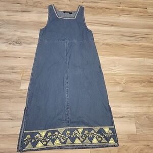Vintage‎ Agapo Denim Dress Medium Blue Jean Maxi Flowers Embroidered Sleeveless
